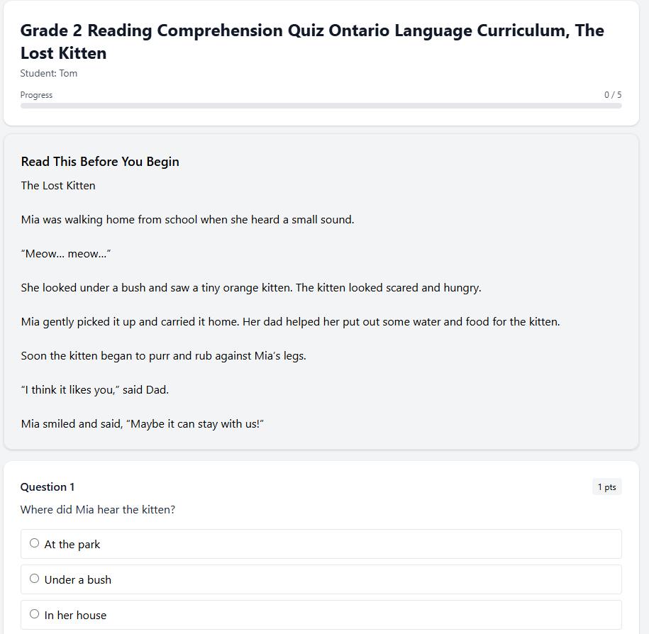 Grade 2 Reading Comprehension Quiz  Ontario Language Curriculum, The Lost Kitten