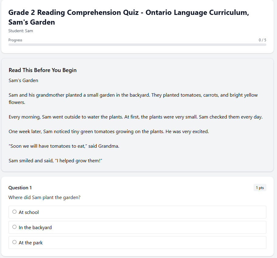 Grade 2 Reading Comprehension Quiz - Ontario Language Curriculum, Sam's Garden