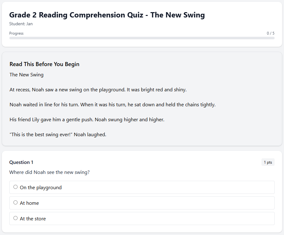 Grade 2 Reading Comprehension Quiz - The New Swing