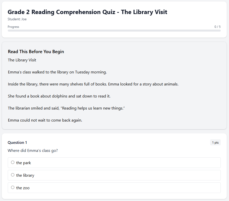 Grade 2 Reading Comprehension Quiz - The Library Visit - Try one for FREE