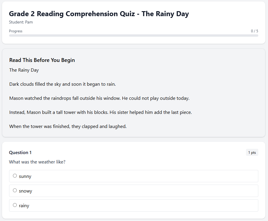 Grade 2 Reading Comprehension Quiz - The Rainy Day