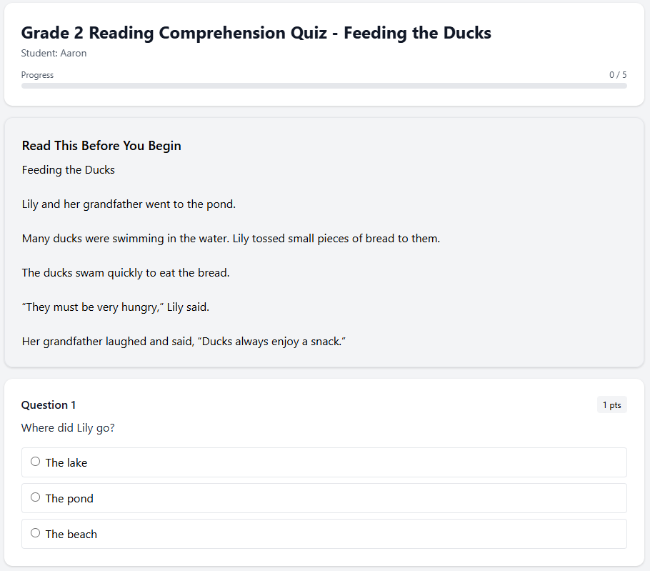 Grade 2 Reading Comprehension Quiz - Feeding the Ducks