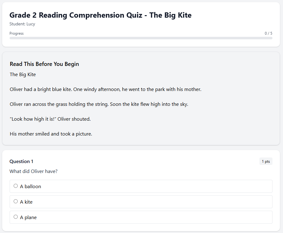 Grade 2 Reading Comprehension Quiz - The Big Kite