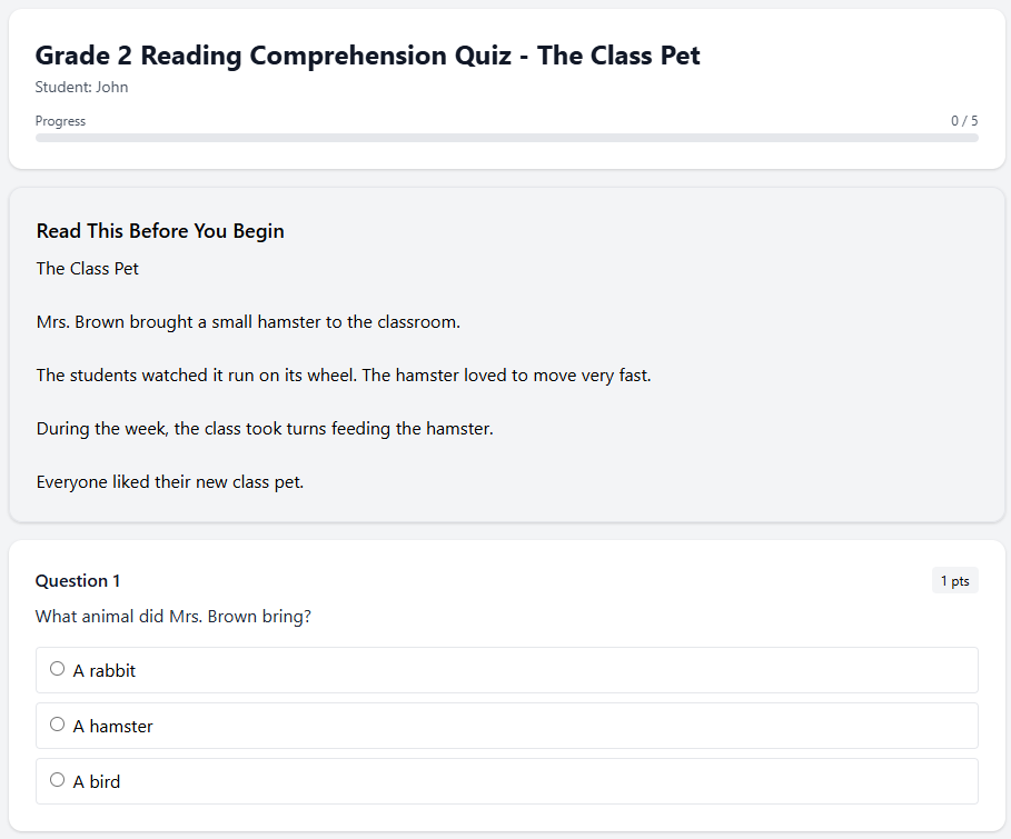 Grade 2 Reading Comprehension Quiz - The Class Pet