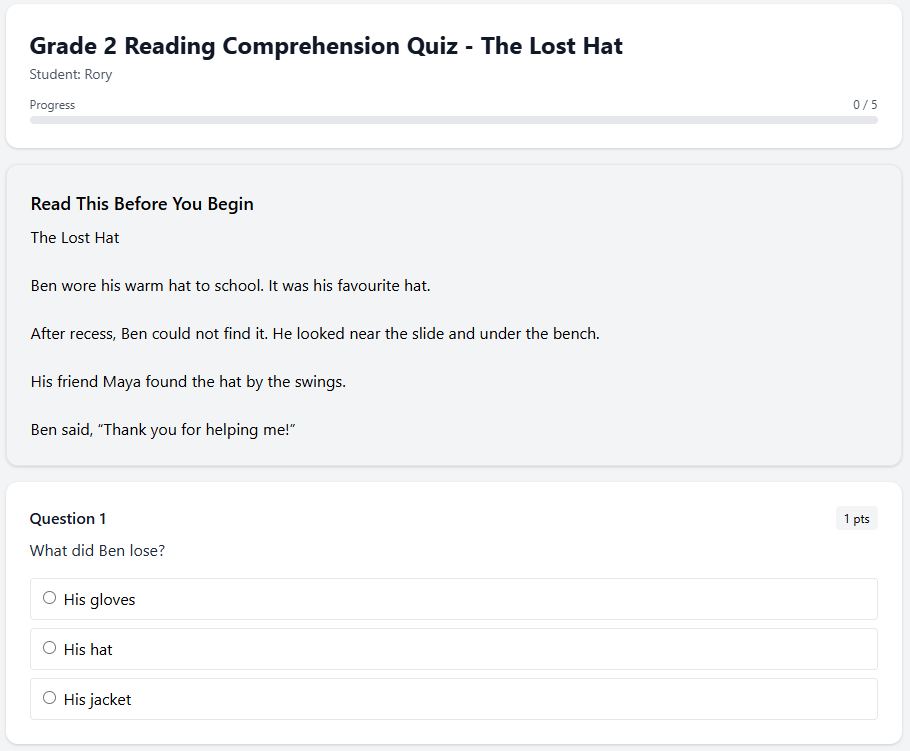 Grade 2 Reading Comprehension Quiz - The Lost Hat