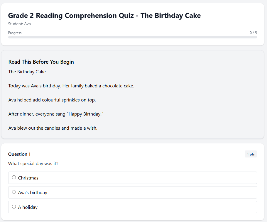Grade 2 Reading Comprehension Quiz - The Birthday Cake