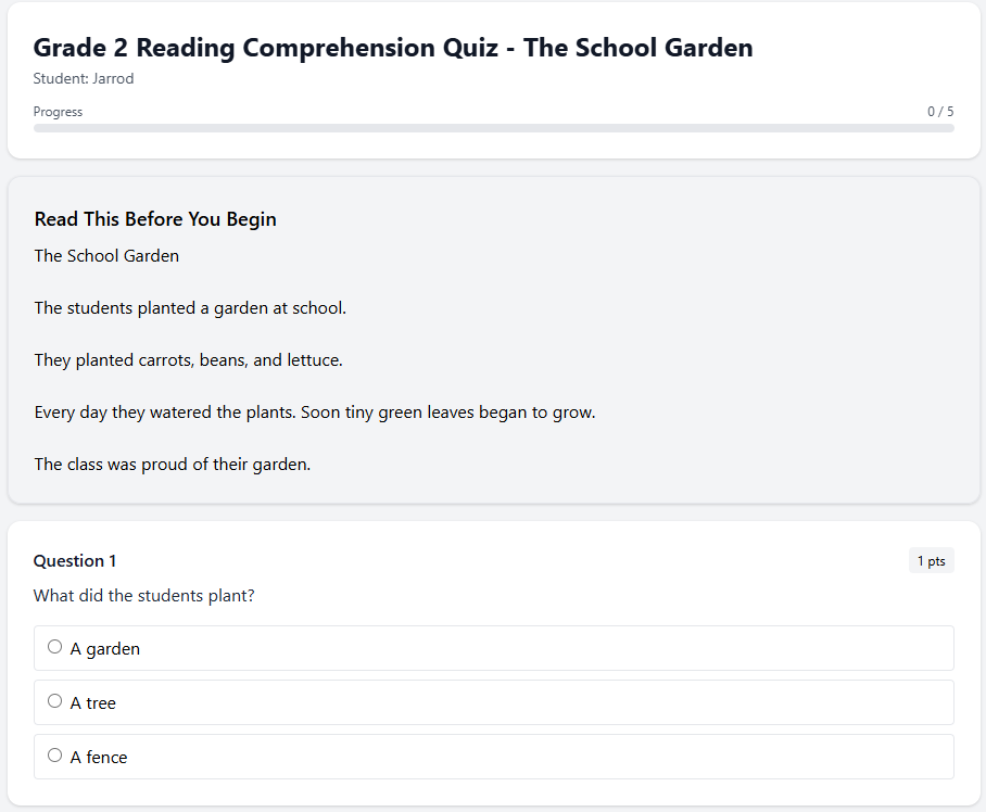 Grade 2 Reading Comprehension Quiz - The School Garden