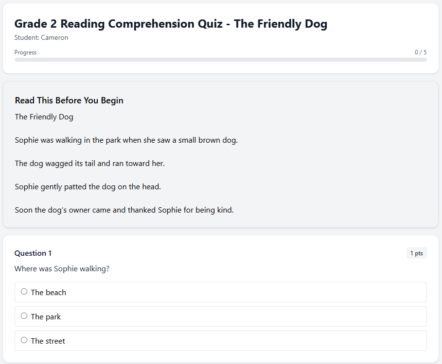 Grade 2 Reading Comprehension Quiz - The Friendly Dog