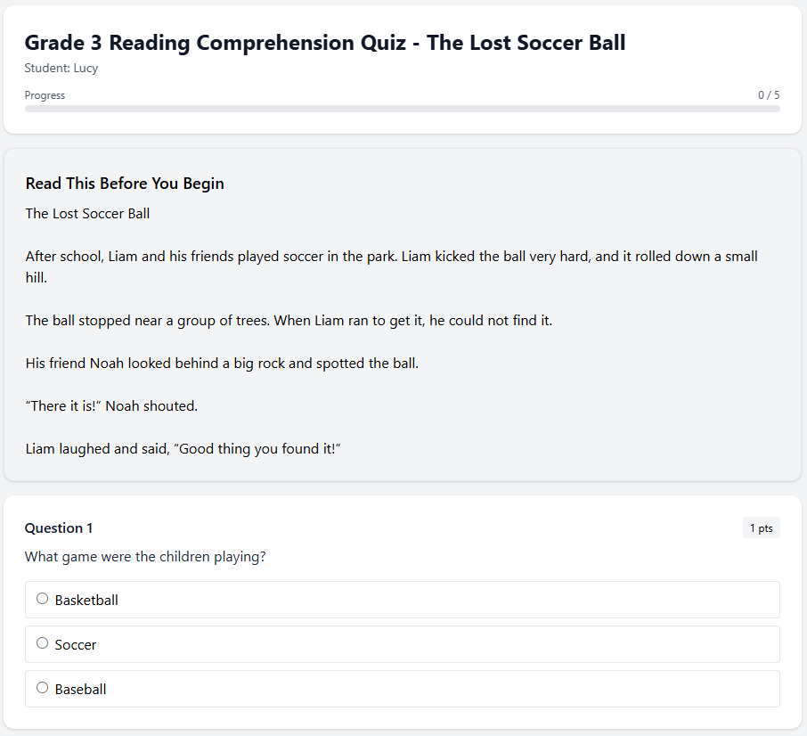 Grade 3 Reading Comprehension Quiz - The Lost Soccer Ball