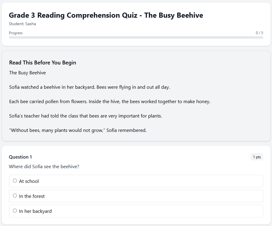 Grade 3 Reading Comprehension Quiz - The Busy Beehive