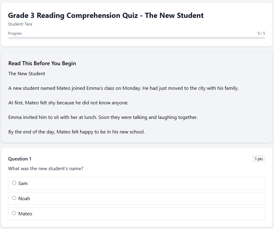 Grade 3 Reading Comprehension Quiz - The New Student