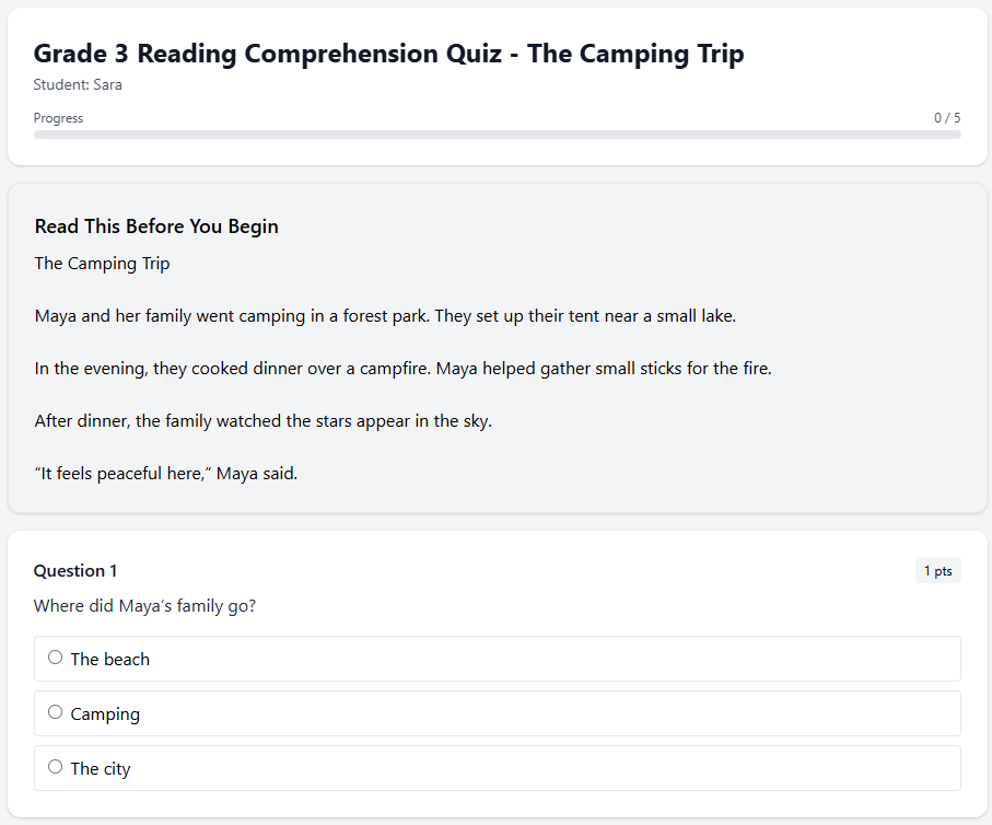 Grade 3 Reading Comprehension Quiz - The Camping Trip