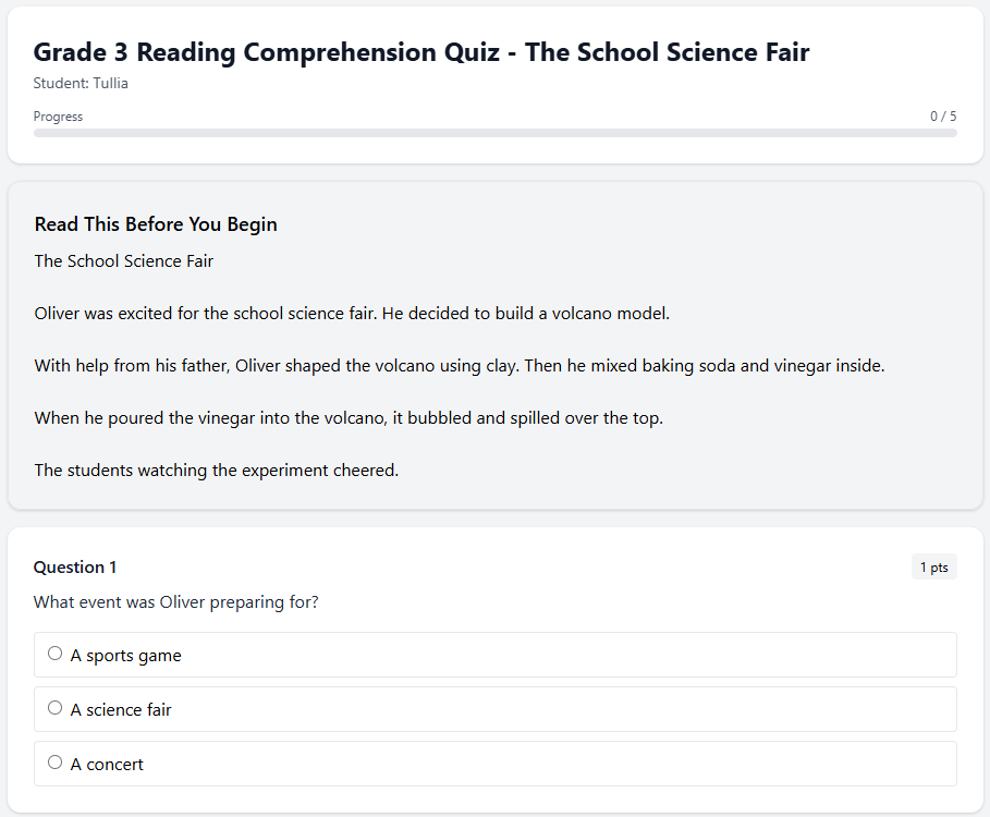 Grade 3 Reading Comprehension Quiz - The School Science Fair