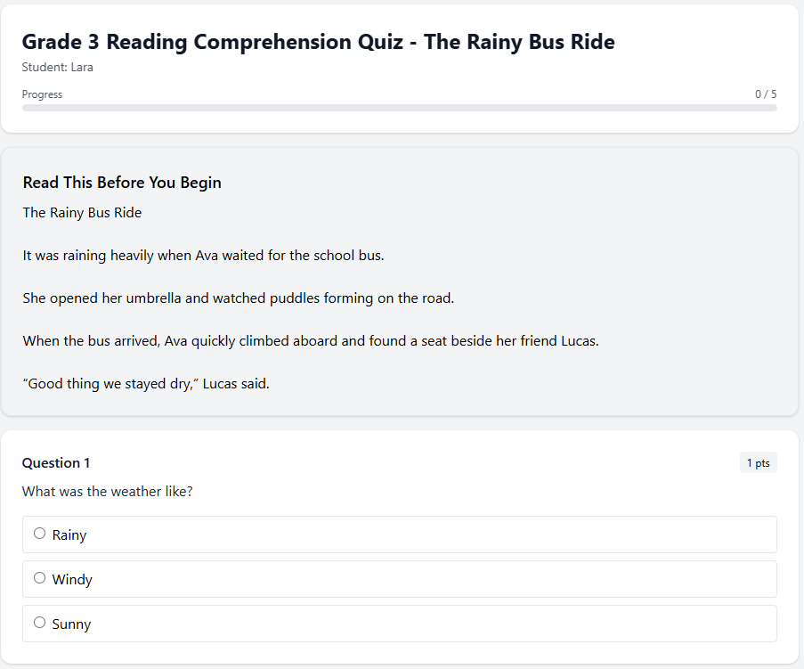 Grade 3 Reading Comprehension Quiz - The Rainy Bus Ride