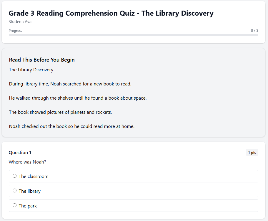Grade 3 Reading Comprehension Quiz - The Library Discovery