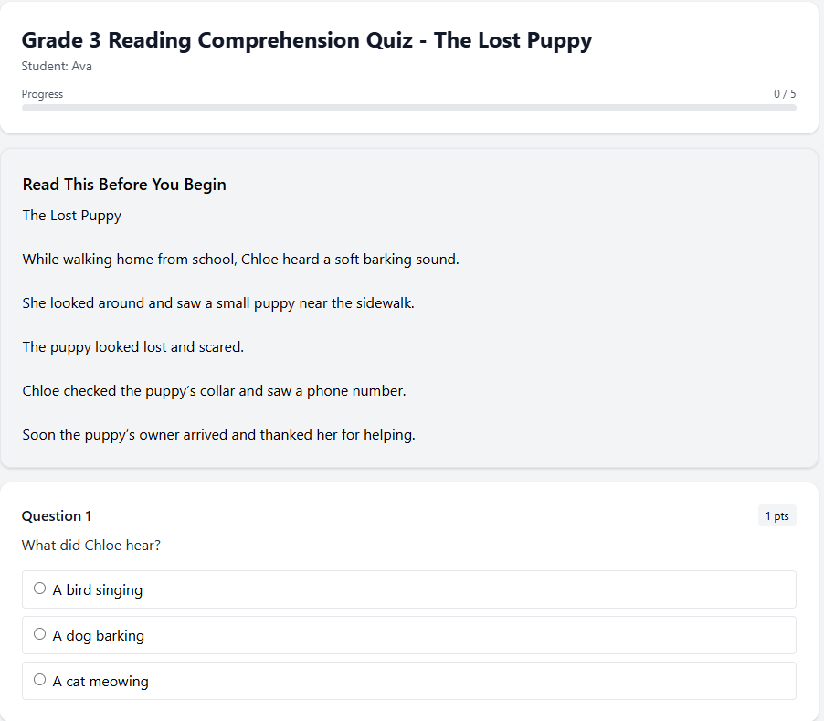 Grade 3 Reading Comprehension Quiz - The Lost Puppy