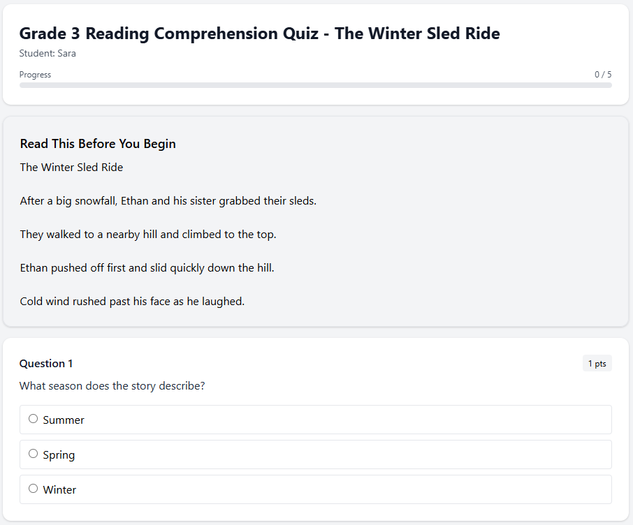 Grade 3 Reading Comprehension Quiz - The Winter Sled Ride - Try one for FREE