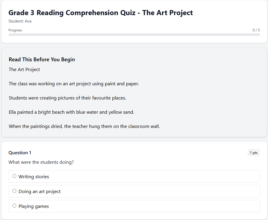 Grade 3 Reading Comprehension Quiz - The Art Project