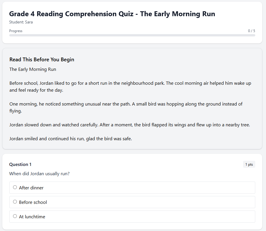 Grade 4 Reading Comprehension Quiz - The Early Morning Run - Try one for FREE