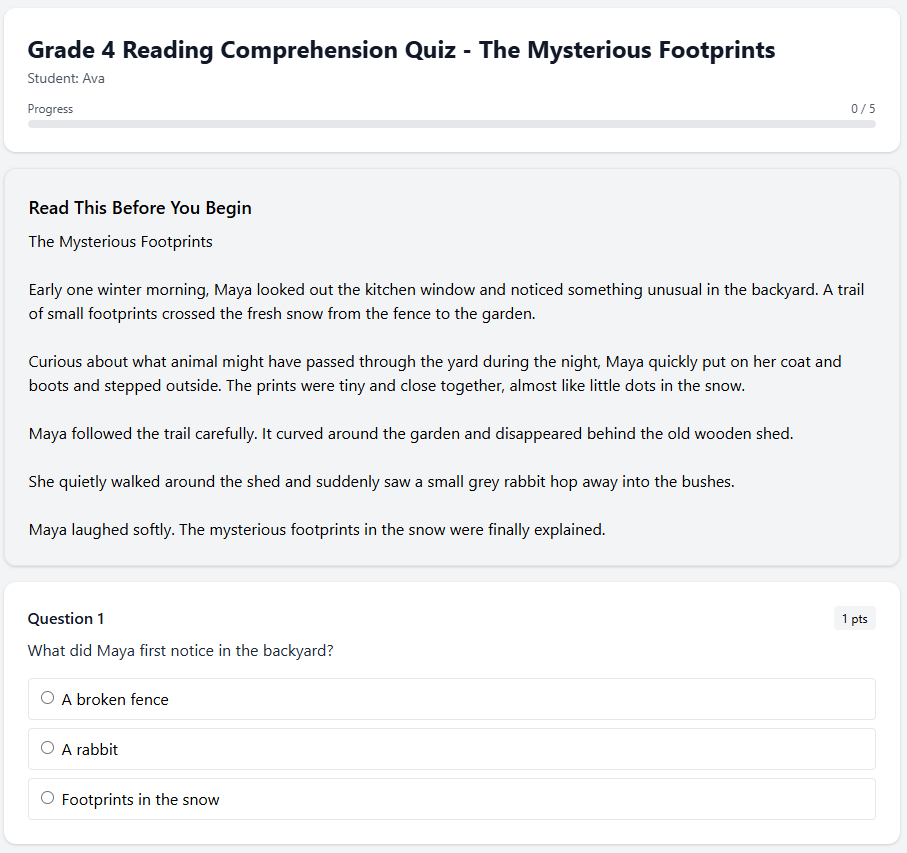 Grade 4 Reading Comprehension Quiz - The Mysterious Footprints