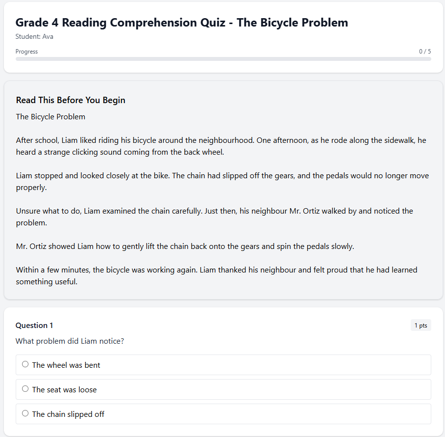 Grade 4 Reading Comprehension Quiz - The Bicycle Problem