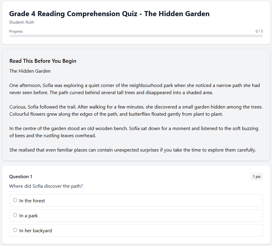 Grade 4 Reading Comprehension Quiz - The Hidden Garden