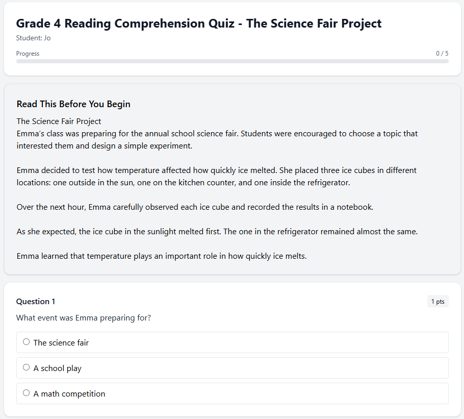 Grade 4 Reading Comprehension Quiz - The Science Fair Project