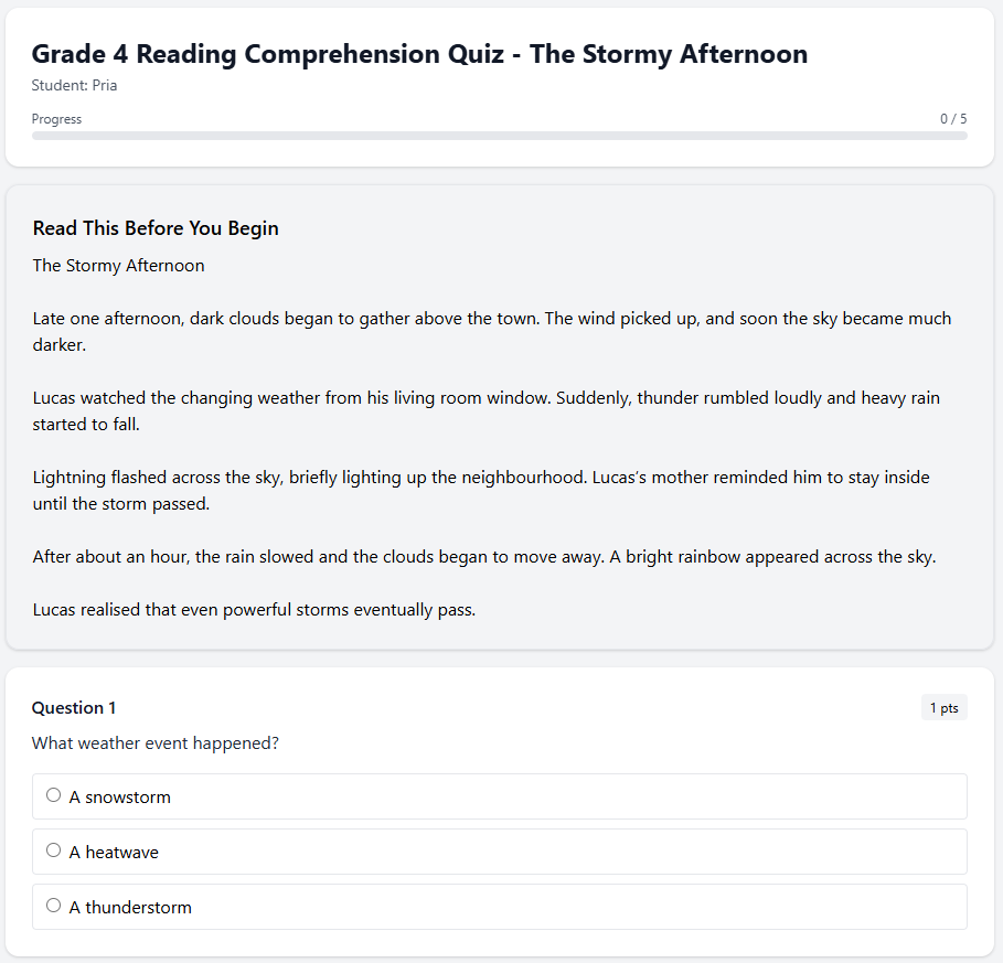 Grade 4 Reading Comprehension Quiz - The Stormy Afternoon