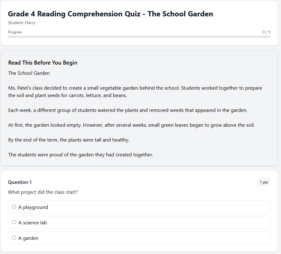 Grade 4 Reading Comprehension Quiz - The School Garden