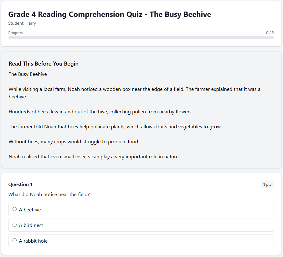 Grade 4 Reading Comprehension Quiz - The Busy Beehive