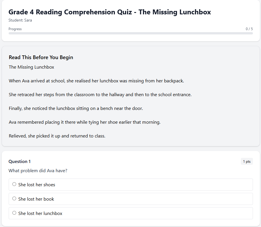 Grade 4 Reading Comprehension Quiz - The Missing Lunchbox