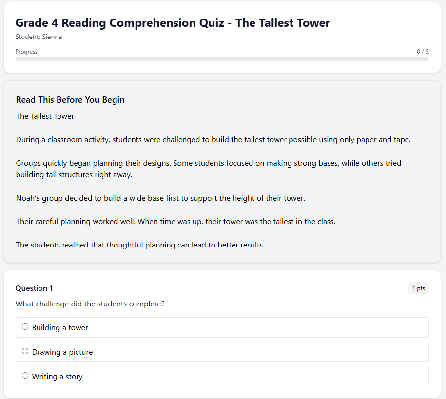 Grade 4 Reading Comprehension Quiz - The Tallest Tower