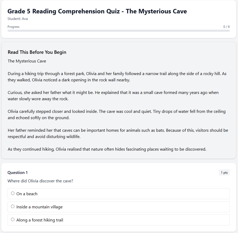 Grade 5 Reading Comprehension Quiz - The Mysterious Cave - Try one for FREE