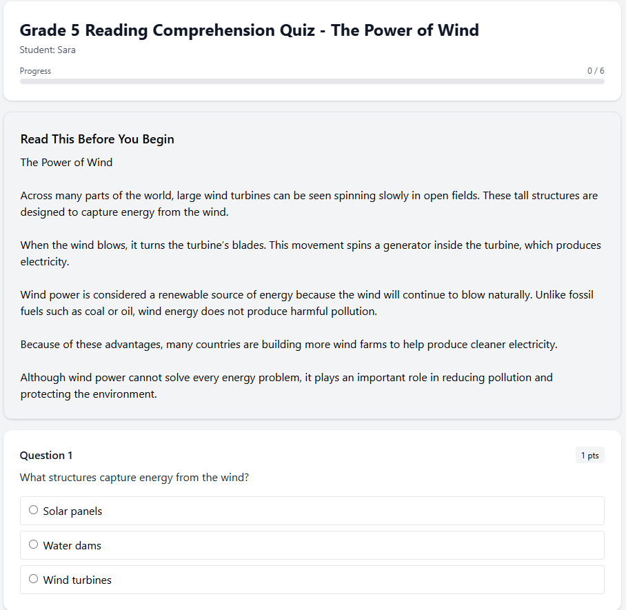Grade 5 Reading Comprehension Quiz - The Power of Wind