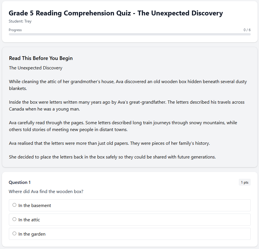 Grade 5 Reading Comprehension Quiz - The Unexpected Discovery
