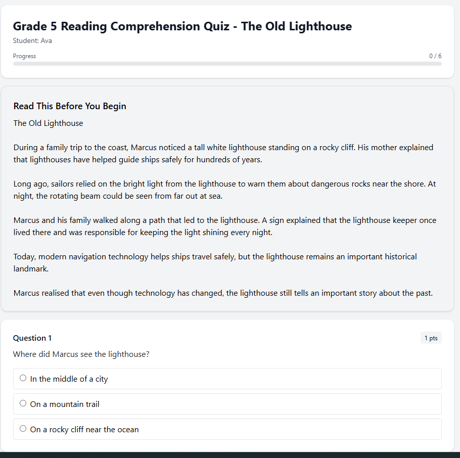 Grade 5 Reading Comprehension Quiz - The Old Lighthouse