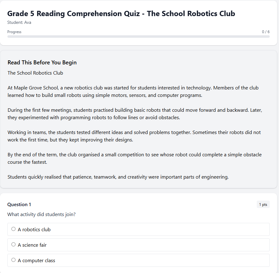 Grade 5 Reading Comprehension Quiz - The School Robotics Club