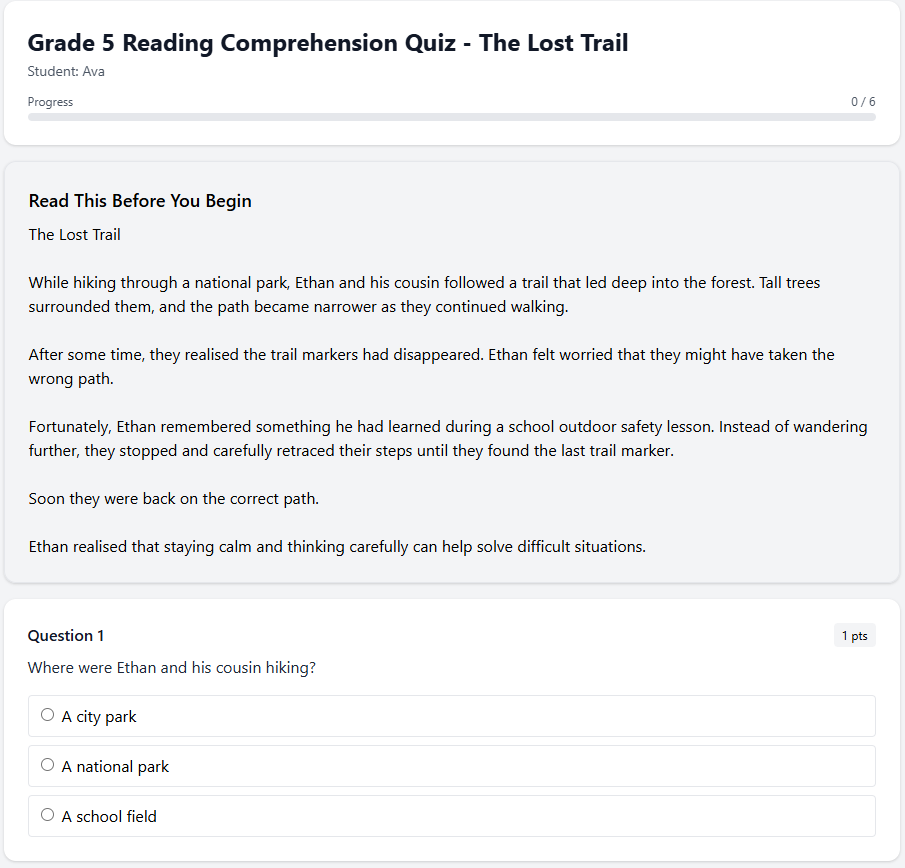 Grade 5 Reading Comprehension Quiz - The Lost Trail