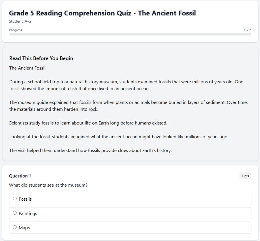 Grade 5 Reading Comprehension Quiz -  The Ancient Fossil