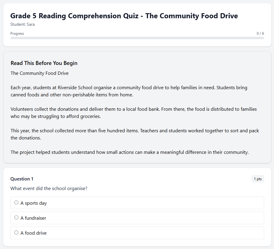 Grade 5 Reading Comprehension Quiz - The Community Food Drive