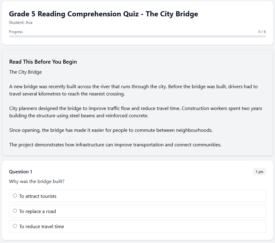 Grade 5 Reading Comprehension Quiz - The City Bridge