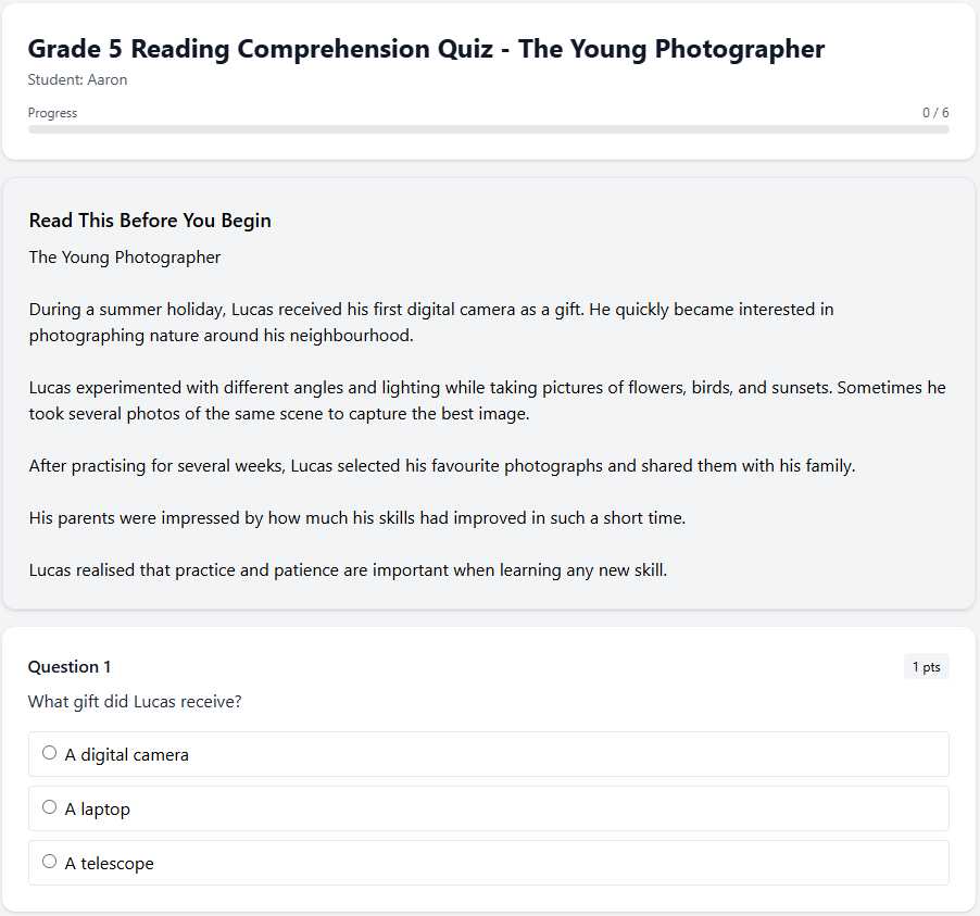 Grade 5 Reading Comprehension Quiz - The Young Photographer