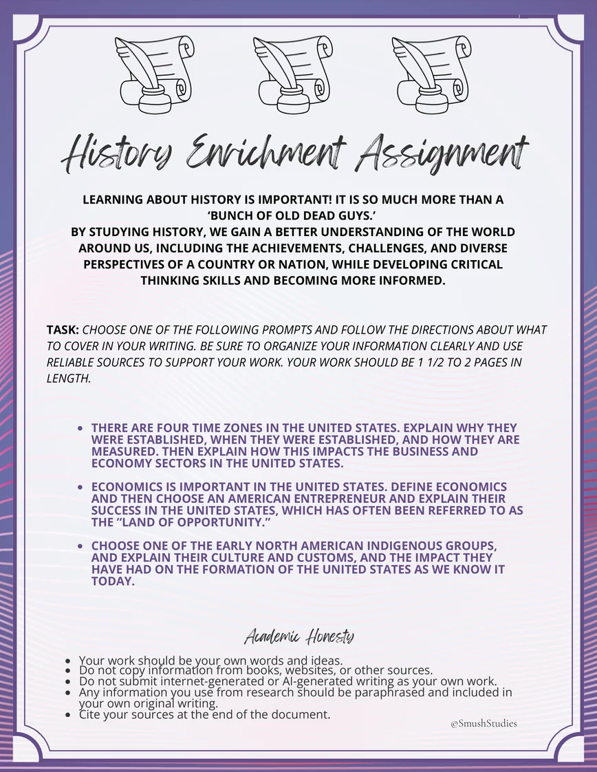 6th to 10th Grade: History Enrichment Assignment