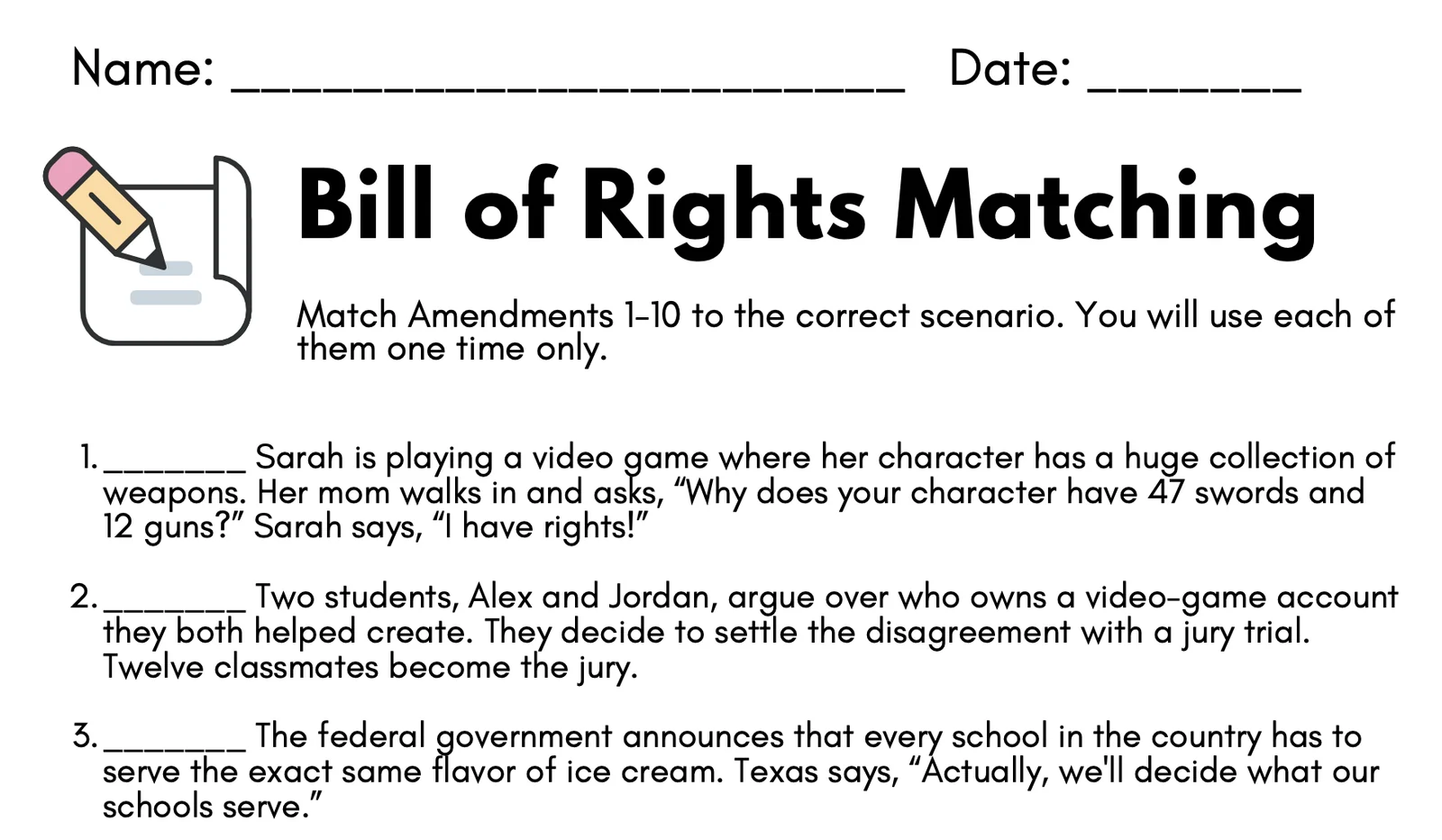 Bill of Rights Matching Activity