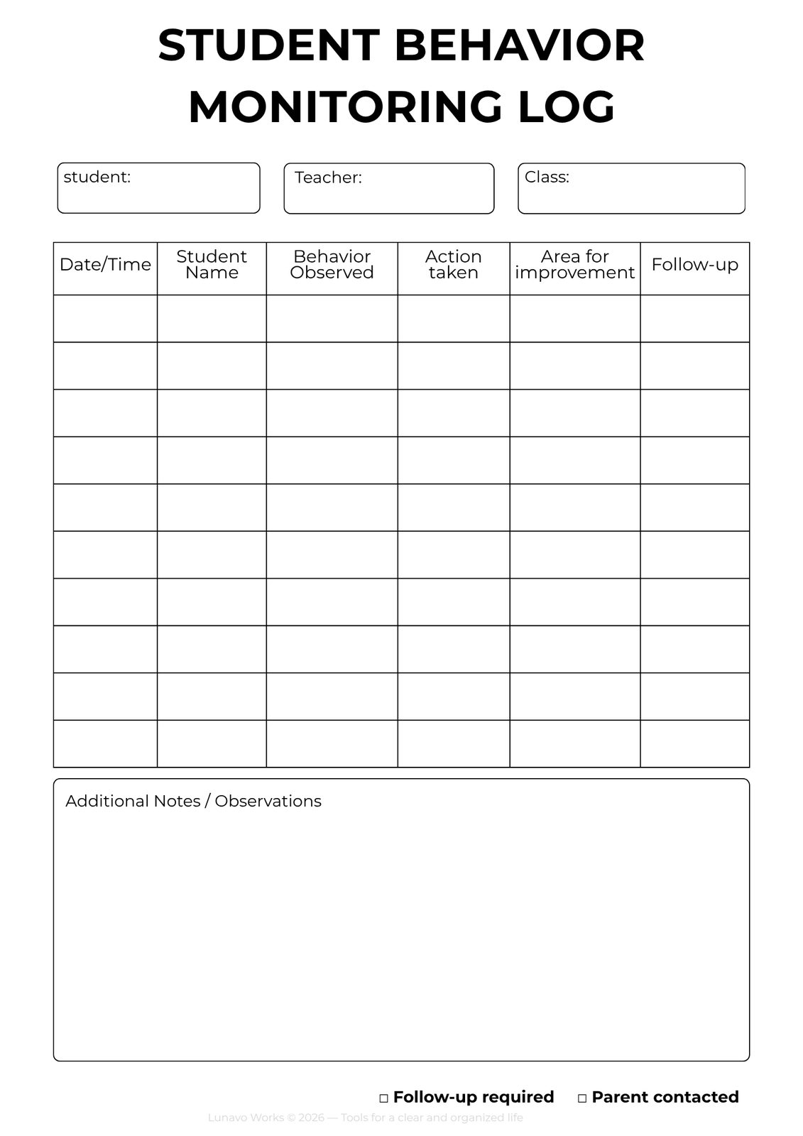 Student Behavior Monitoring Log | Printable Classroom Management Form