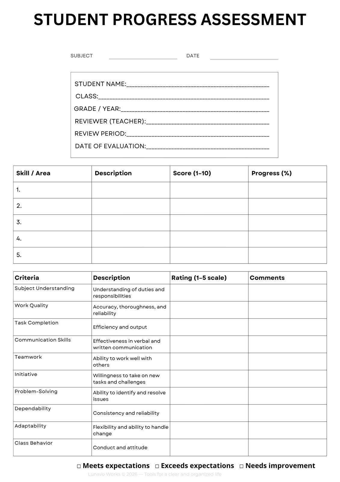 Student Progress Assessment Form | Printable Teacher Evaluation Sheet