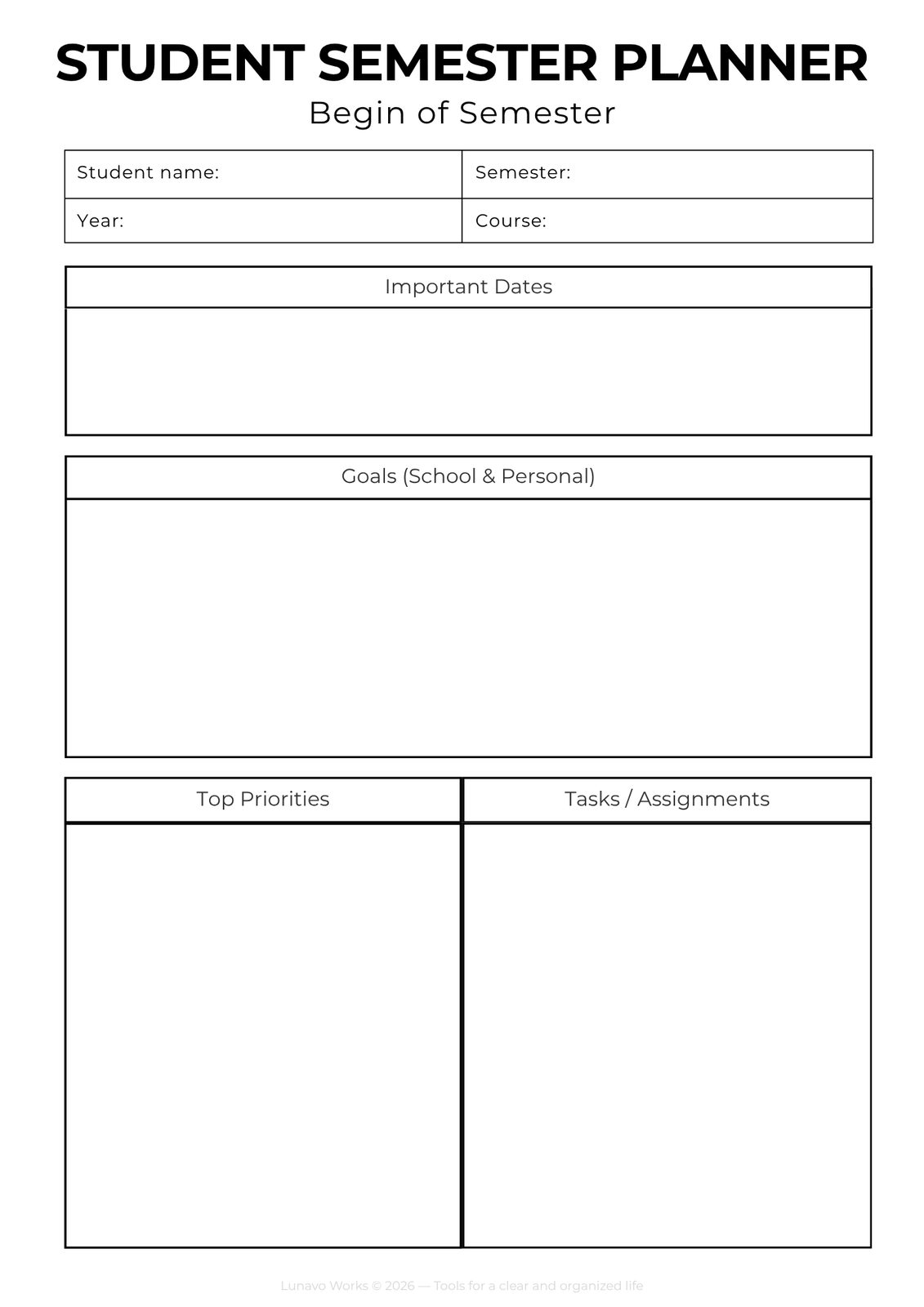 Student Semester Planner | Printable Begin & End Review Pages