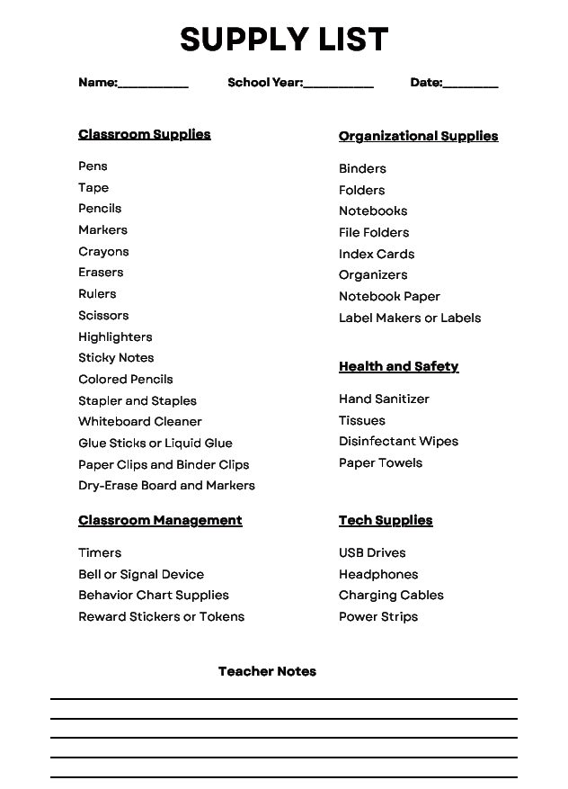 Student Supply List Checklist | Printable Classroom Supplies Organizer