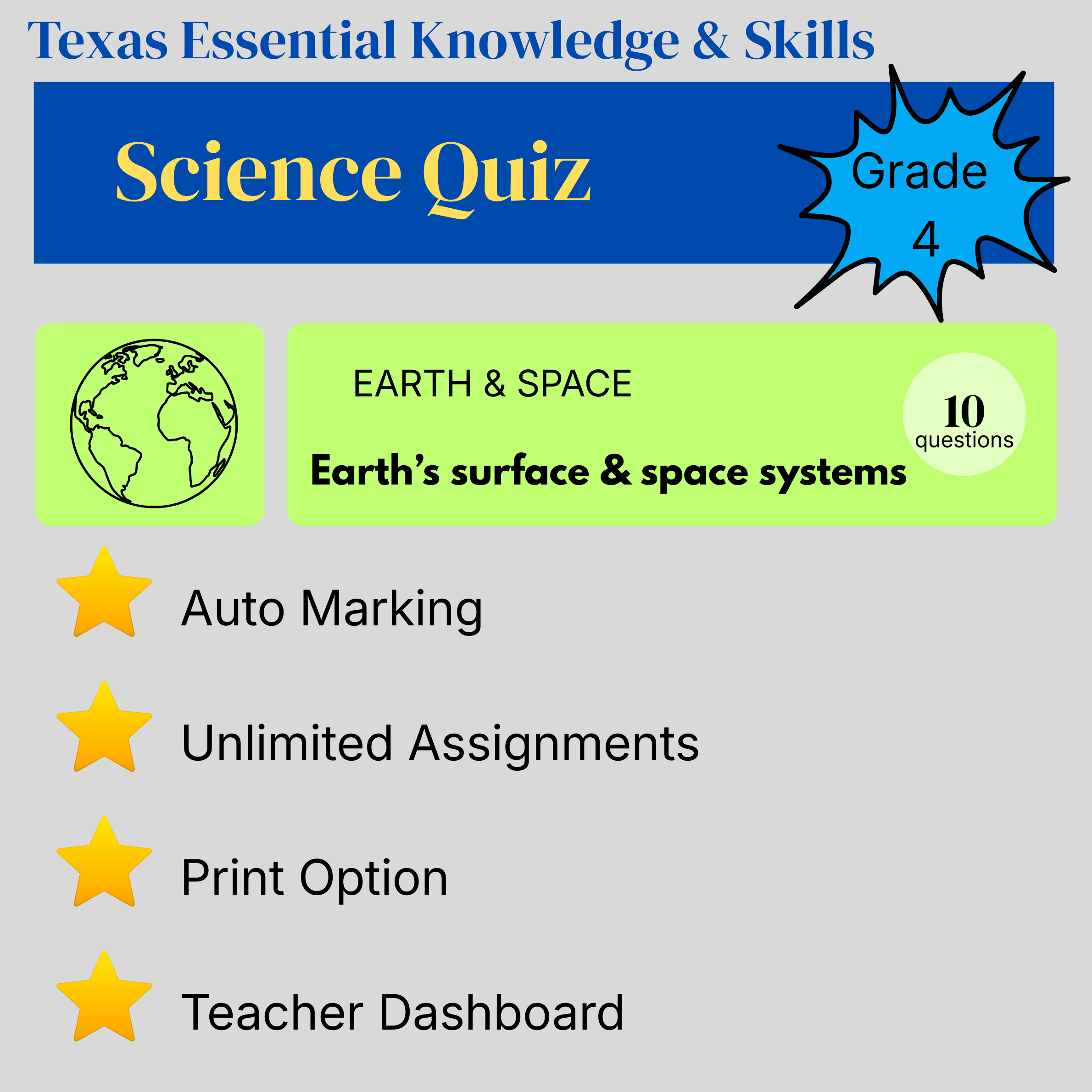 Grade 4 Science Quiz – Earth and Space: Earth's Surface and Space Systems  - Texas Essential Knowledge and Skills (TEKS)