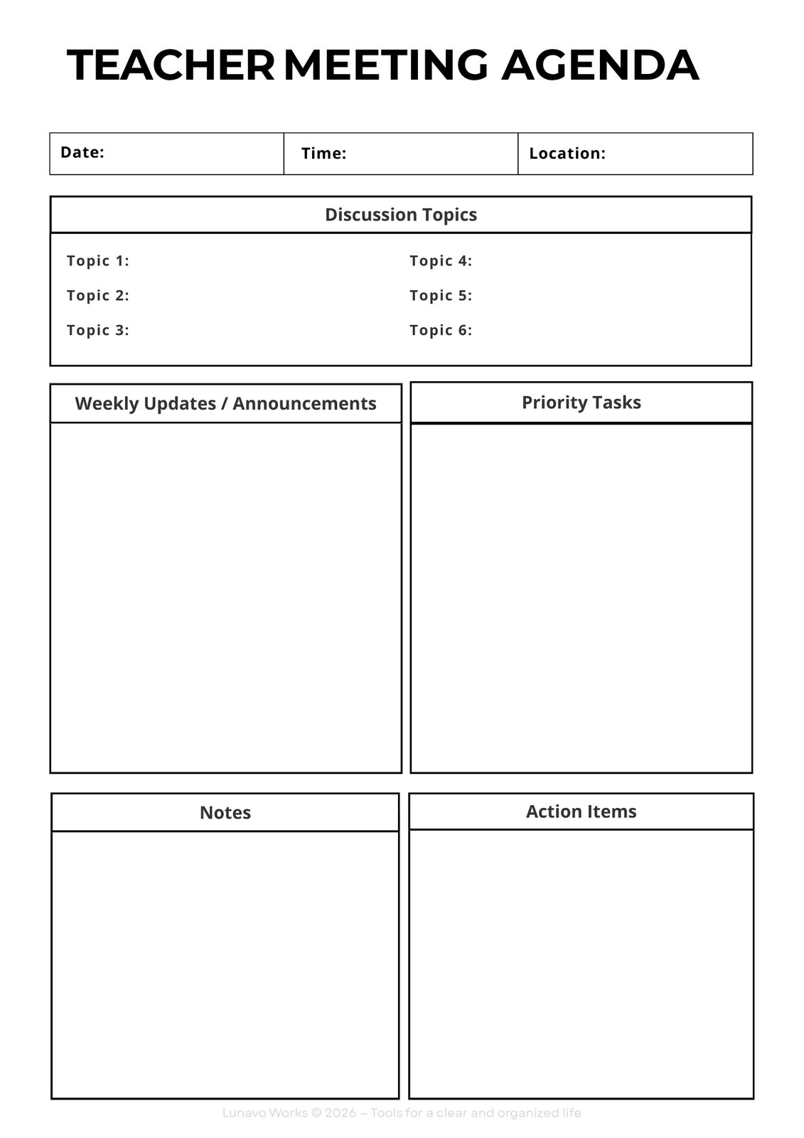 Teacher Meeting Agenda Template | Printable Staff Meeting Form